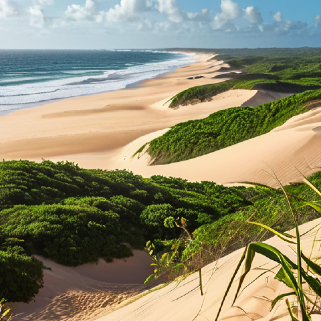 **Coastal Dune Dynamics:** A vibrant, sun-drenched coastline in Ceará, Brazil, featuring dynamic sand dunes interacting with wind, tides, and lush vegetation. Focus on the interplay of natural elements shaping the unique coastal landscape.