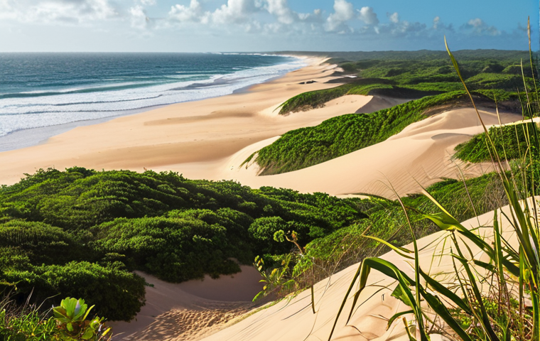 **Coastal Dune Dynamics:** A vibrant, sun-drenched coastline in Ceará, Brazil, featuring dynamic sand dunes interacting with wind, tides, and lush vegetation. Focus on the interplay of natural elements shaping the unique coastal landscape.