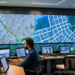 지리학 데이터 모델링 - A detailed urban planning control room with large interactive GIS maps showing land use patterns, tr...