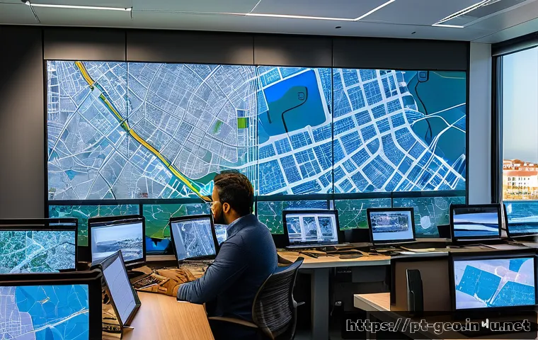 지리학 데이터 모델링 - A detailed urban planning control room with large interactive GIS maps showing land use patterns, tr...