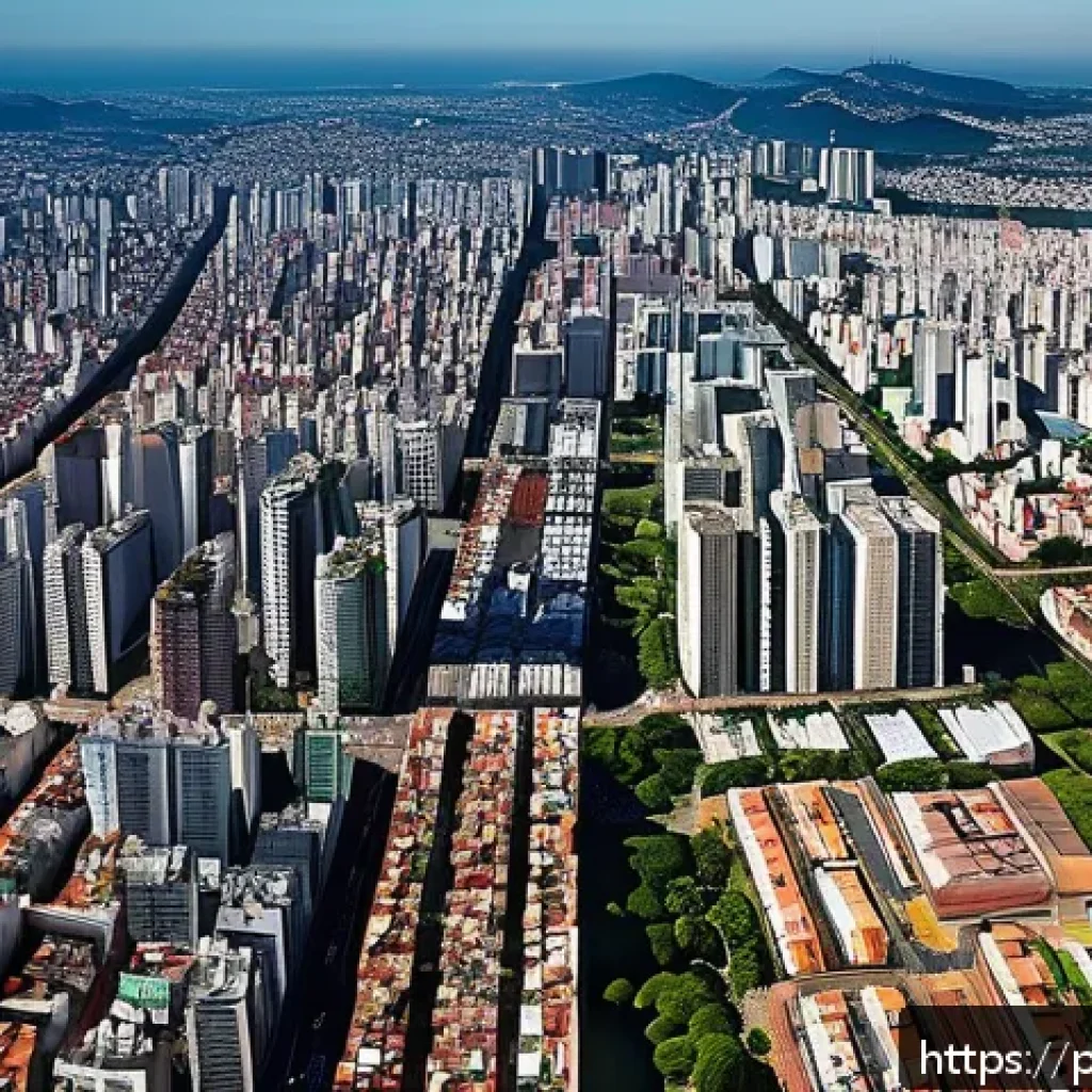 지리학적 문제 해결 - A detailed aerial view of São Paulo’s urban landscape showcasing rapid city growth with congested tr...