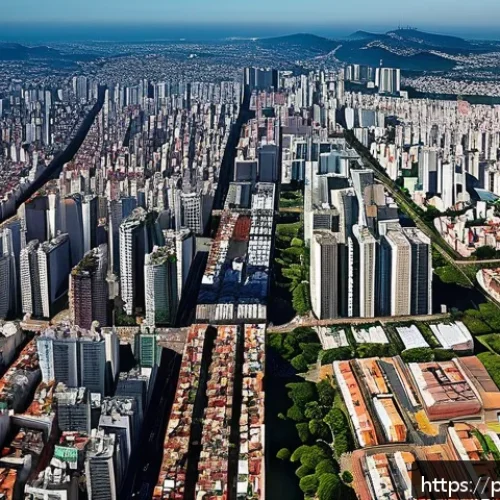 지리학적 문제 해결 - A detailed aerial view of São Paulo’s urban landscape showcasing rapid city growth with congested tr...