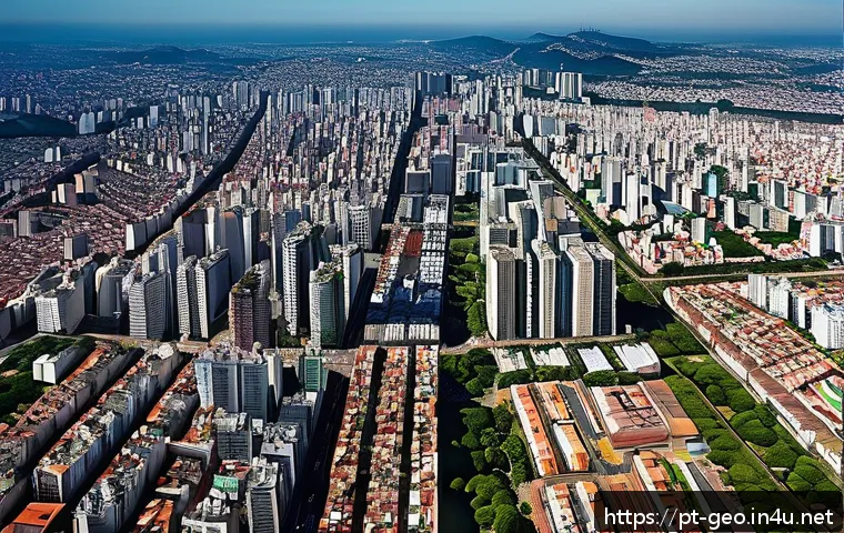 지리학적 문제 해결 - A detailed aerial view of São Paulo’s urban landscape showcasing rapid city growth with congested tr...