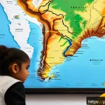 지리학 교육 - A vibrant classroom scene in a Brazilian school where diverse students, dressed modestly in casual c...