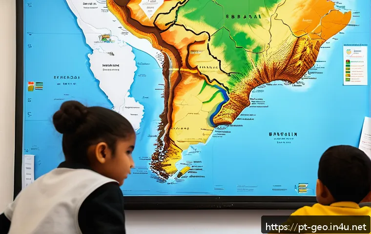 지리학 교육 - A vibrant classroom scene in a Brazilian school where diverse students, dressed modestly in casual c...