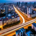 GIS 교육 - A vibrant aerial view of São Paulo’s smart city traffic monitoring system at dusk, showcasing interc...