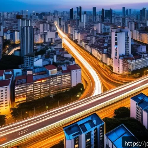 GIS 교육 - A vibrant aerial view of São Paulo’s smart city traffic monitoring system at dusk, showcasing interc...
