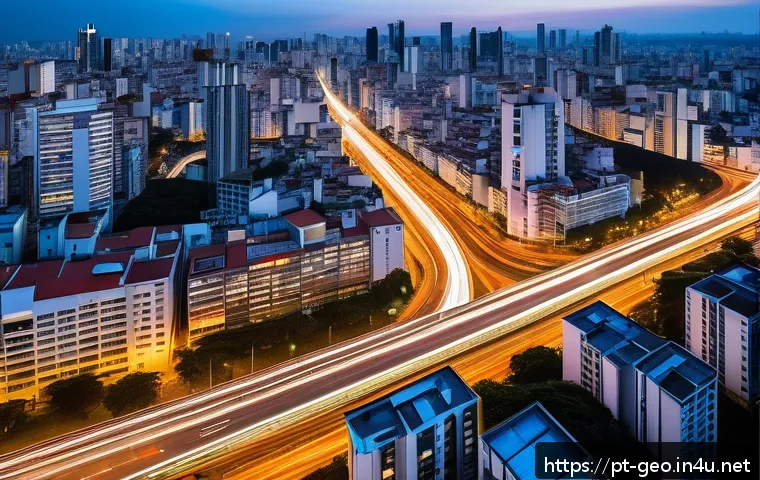 GIS 교육 - A vibrant aerial view of São Paulo’s smart city traffic monitoring system at dusk, showcasing interc...