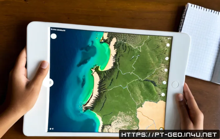 지리학 디지털 지도 - Photorealistic overhead view of a Portuguese geography student using a tablet with a clean unlabeled...