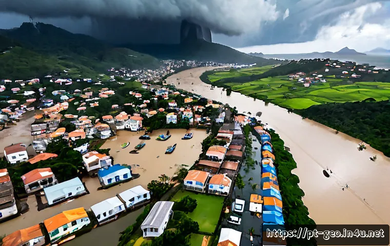 Home 17 자연재해와 지리학 - Photorealistic aerial view of a Brazilian coastal town during severe flooding, muddy river overflowi...