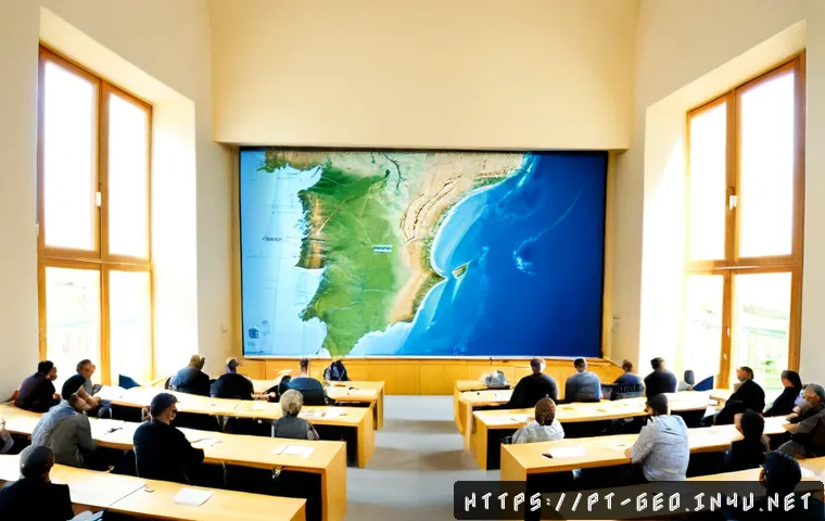 지리학 학회 - Photorealistic geography society conference in a modern Lisbon university auditorium, diverse Portug...