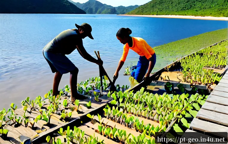 지리학적 환경 문제 해결 - Photorealistic coastal restoration project in southern Brazil, diverse adult environmental volunteer...