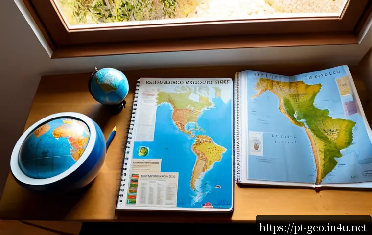 지리학 교재 추천 - Photorealistic overhead view of a tidy home study desk in Portugal, an adult learner comparing two o...